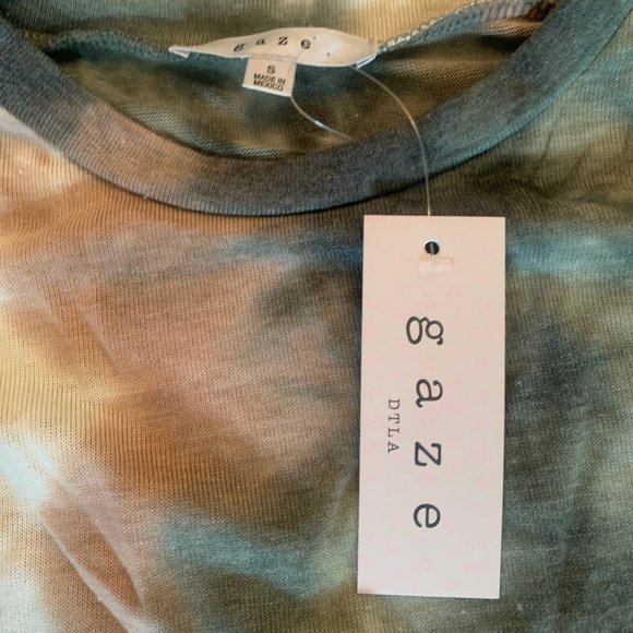 NWT GAZE WOMEN'S TIE DYE ELASTIC TIE WAIST BLOUSE GREEN MULTI-COLORED SMALL - Picture 3 of 6